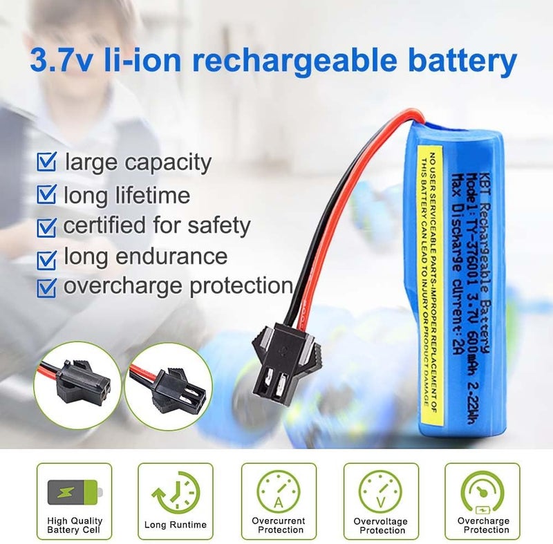 KBT KEEP BETTER TECH KBT 2 Pack 3.7 Volt 600mAh Li-ion Rechargeable Battery Pack, RC Car SM-2P Plug 3.7v Lithium-ion Batteries with 2 RC Batteries Charger Cable for RC Truck, RC Boat, RC Stunt Car - Image 4